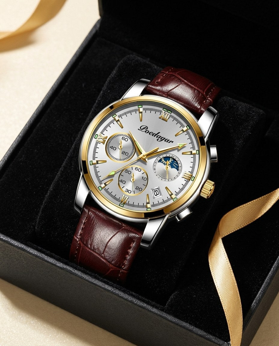 Heritage Moonphase Chronograph (Leather) Gold case, White dial in the gift box