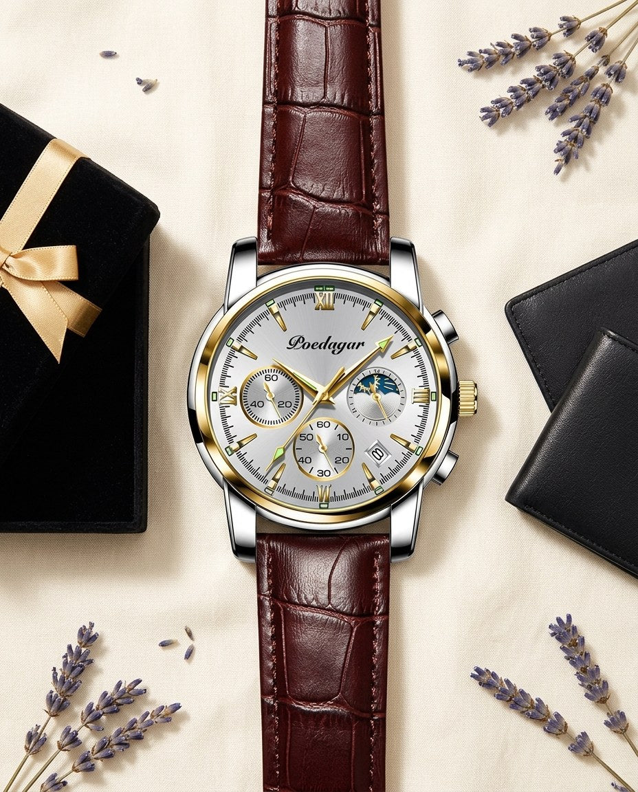 Heritage Moonphase Chronograph (Leather) Gold case, White dial flat lay
