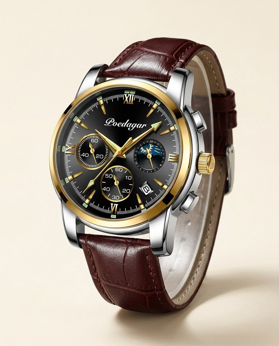Heritage Moonphase Chronograph (Leather) Gold case, Black dial