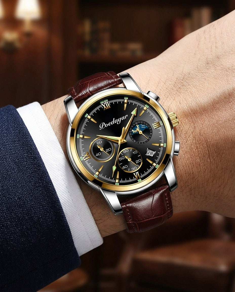 Heritage Moonphase Chronograph (Leather) Gold case, Black dial on the wrist
