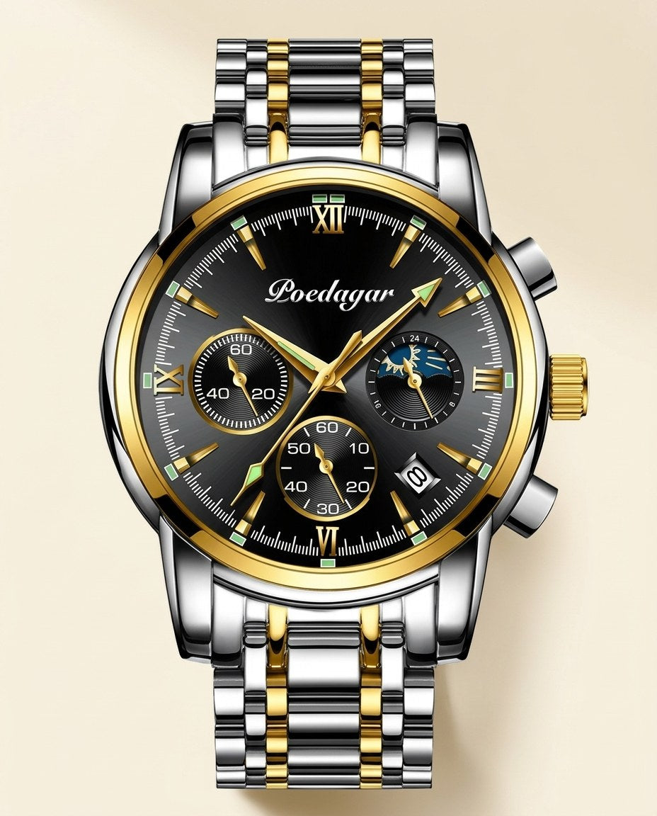 Heritage Moonphase Chronograph (Steel) Gold case, Black dial front