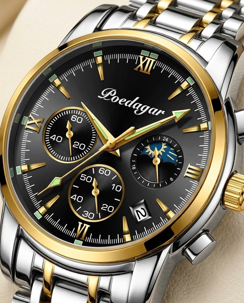 Heritage Moonphase Chronograph (Steel) Gold case, Black dial dial close-up