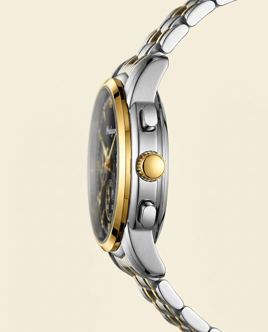 Heritage Moonphase Chronograph (Steel) Gold case, Black dial crown side
