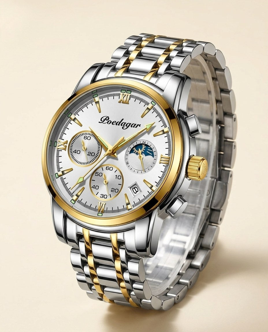 Heritage Moonphase Chronograph (Steel) Gold case, White dial