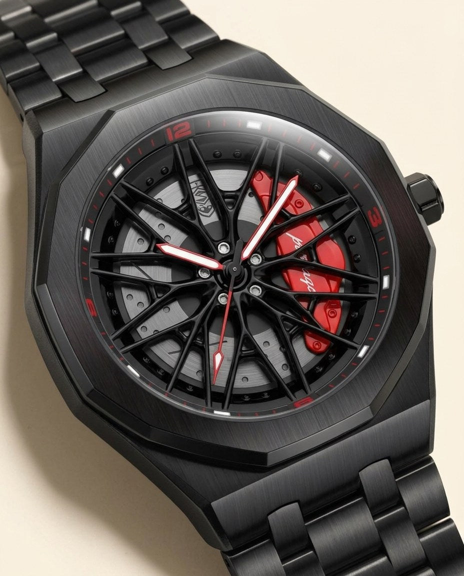 Black Rim Sport Black case, Red dial dial close-up