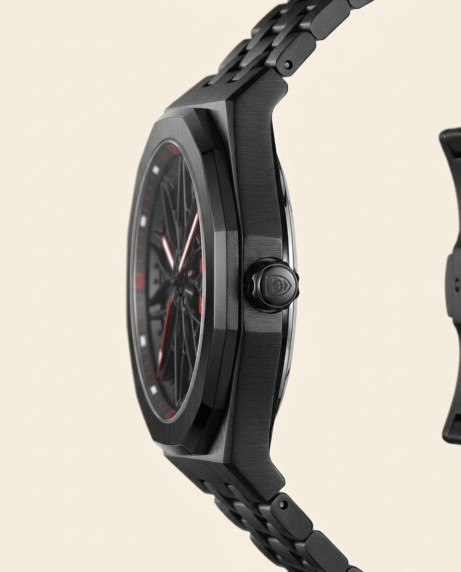 Black Rim Sport Black case, Red dial crown side
