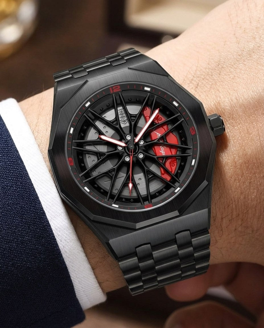 Black Rim Sport Black case, Red dial on the wrist