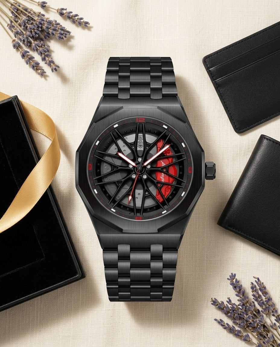 Black Rim Sport Black case, Red dial flat lay
