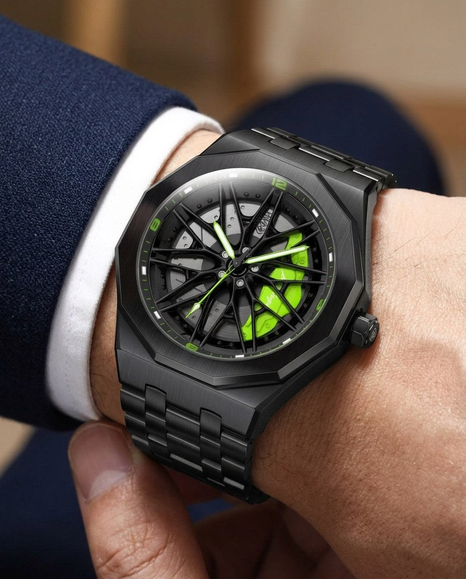 Black Rim Sport Black case, Green dial on the wrist