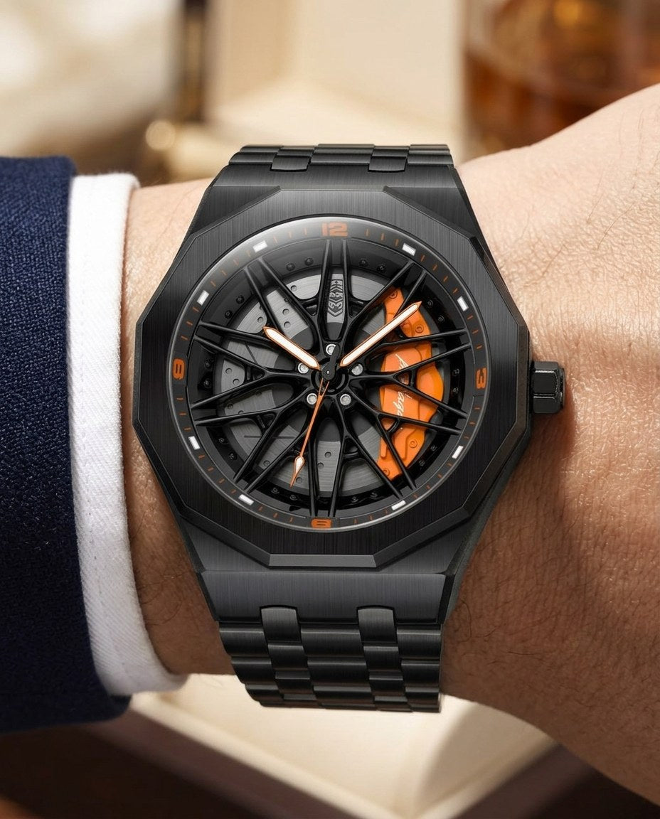 Black Rim Sport Black case, Orange dial on the wrist