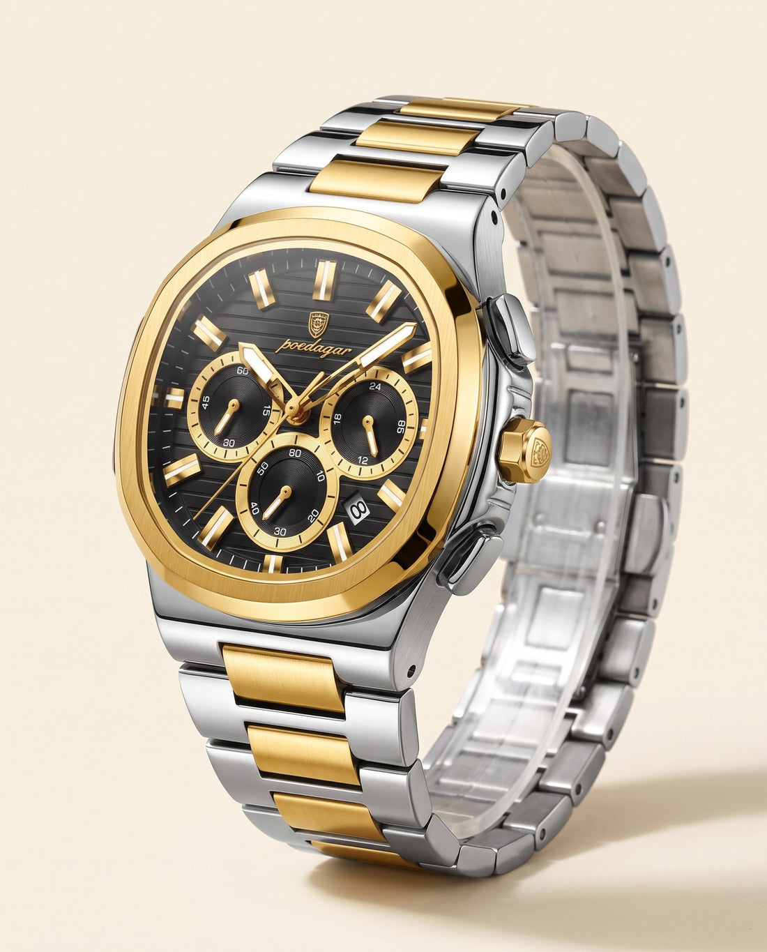 Regal Steel Chronograph Gold case, Black dial front