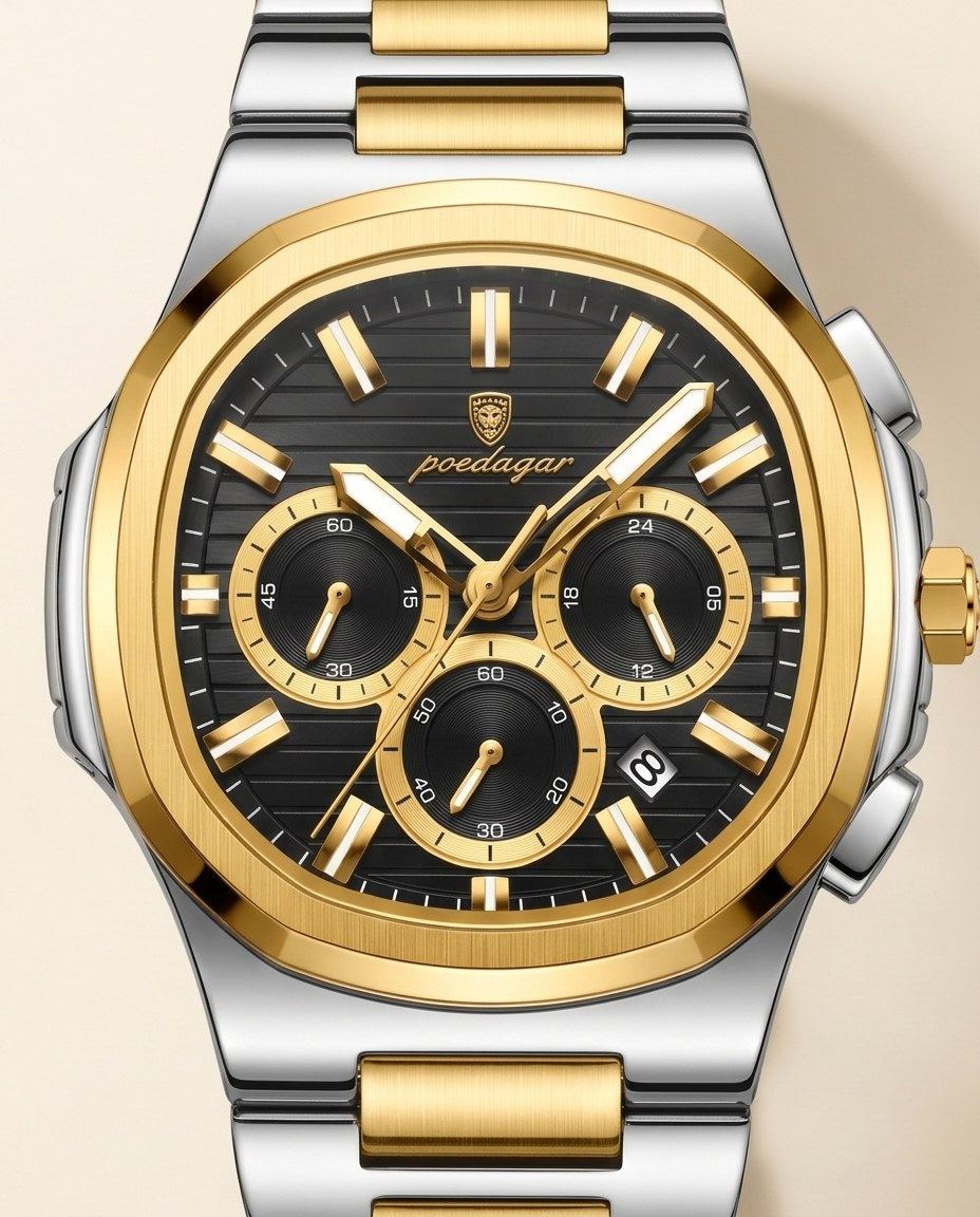 Regal Steel Chronograph Gold case, Black dial dial close-up