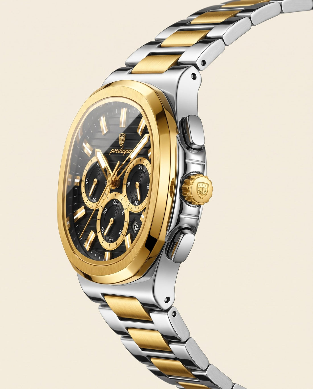 Regal Steel Chronograph Gold case, Black dial crown side