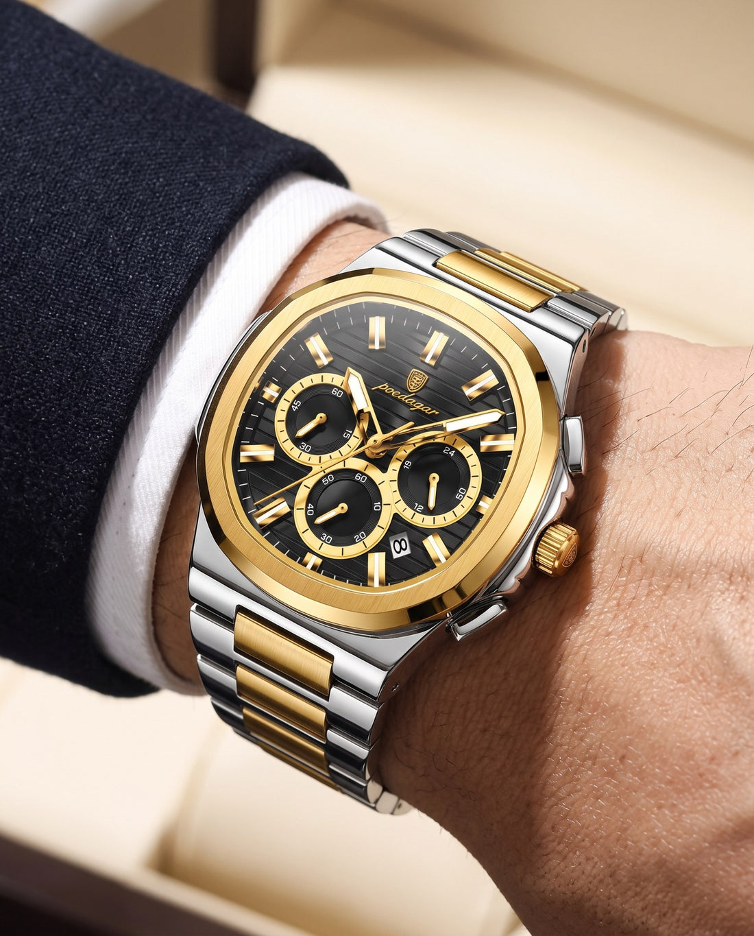 Regal Steel Chronograph Gold case, Black dial on the wrist