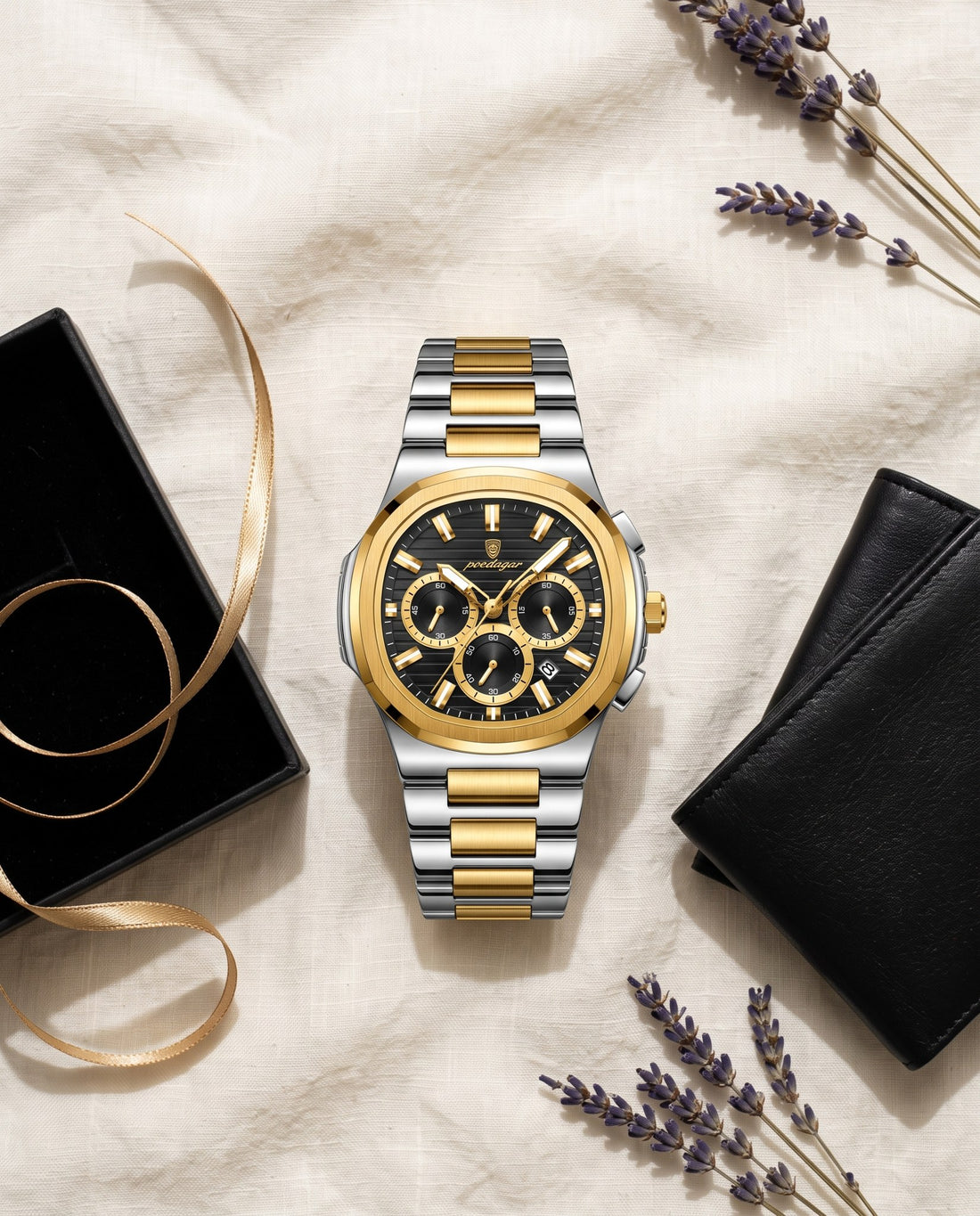 Regal Steel Chronograph Gold case, Black dial flat lay