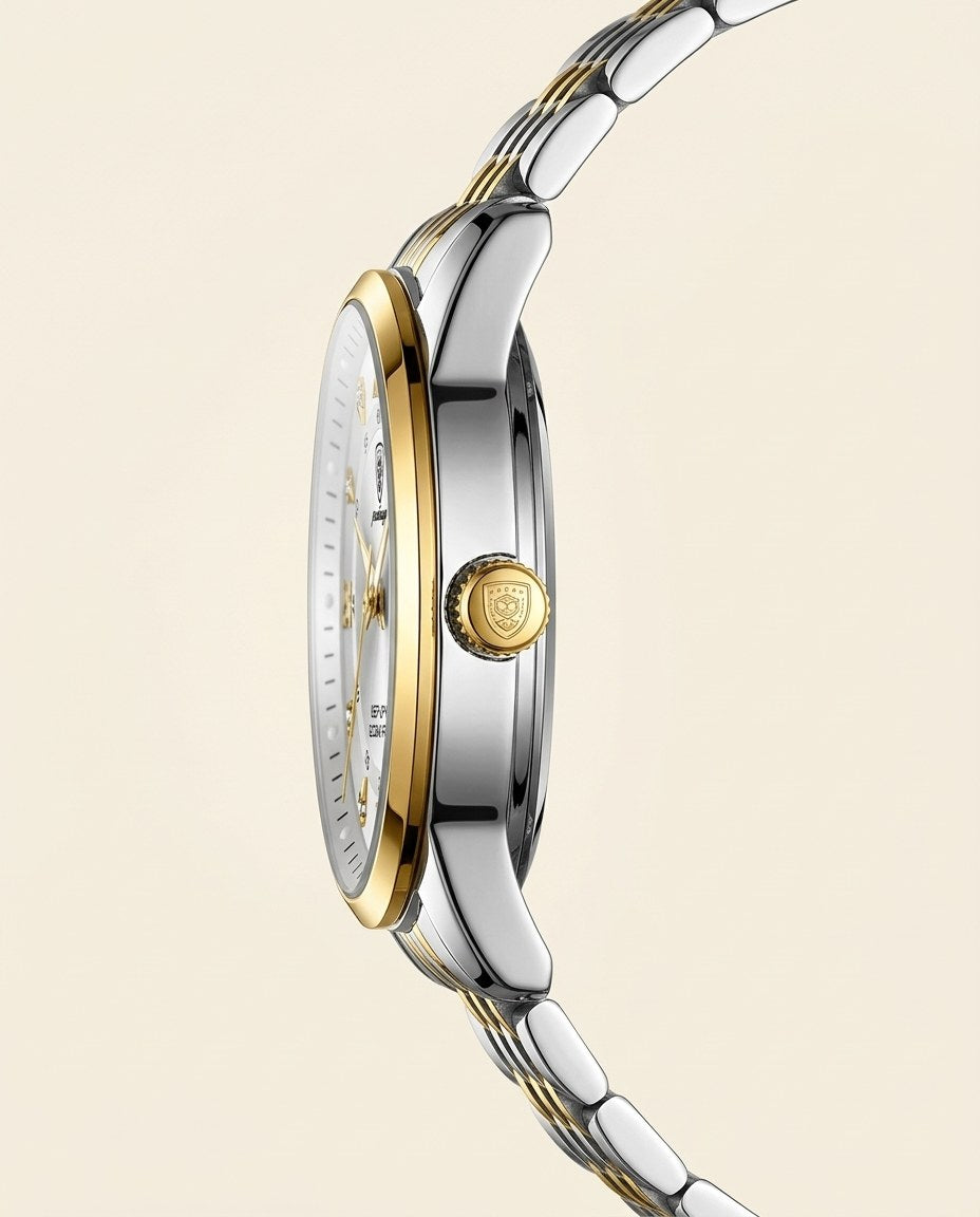 Roman Day-Date Classic Gold case, White dial crown side