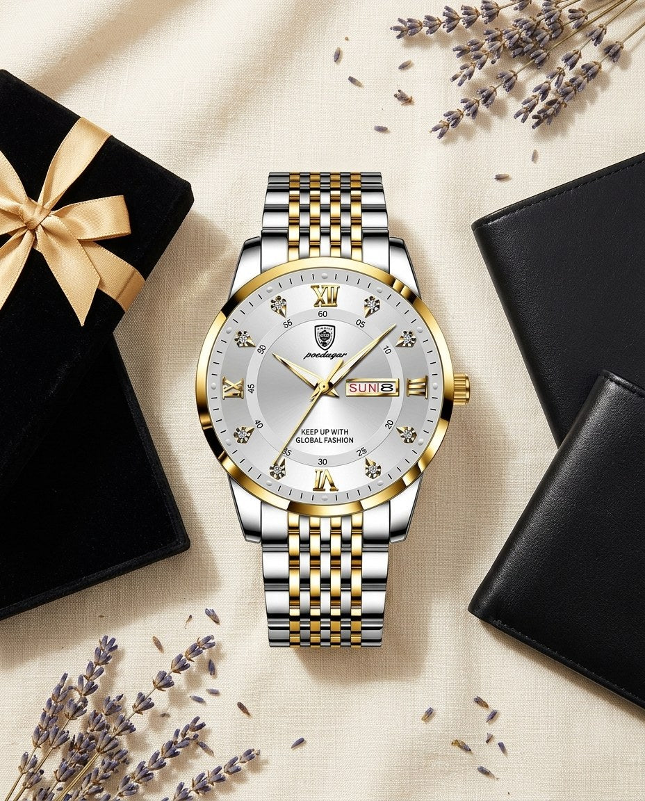 Roman Day-Date Classic Gold case, White dial flat lay