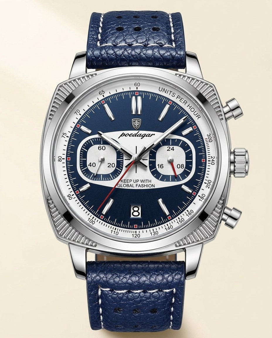 Racing Panda Chronograph Silver case, Blue dial front
