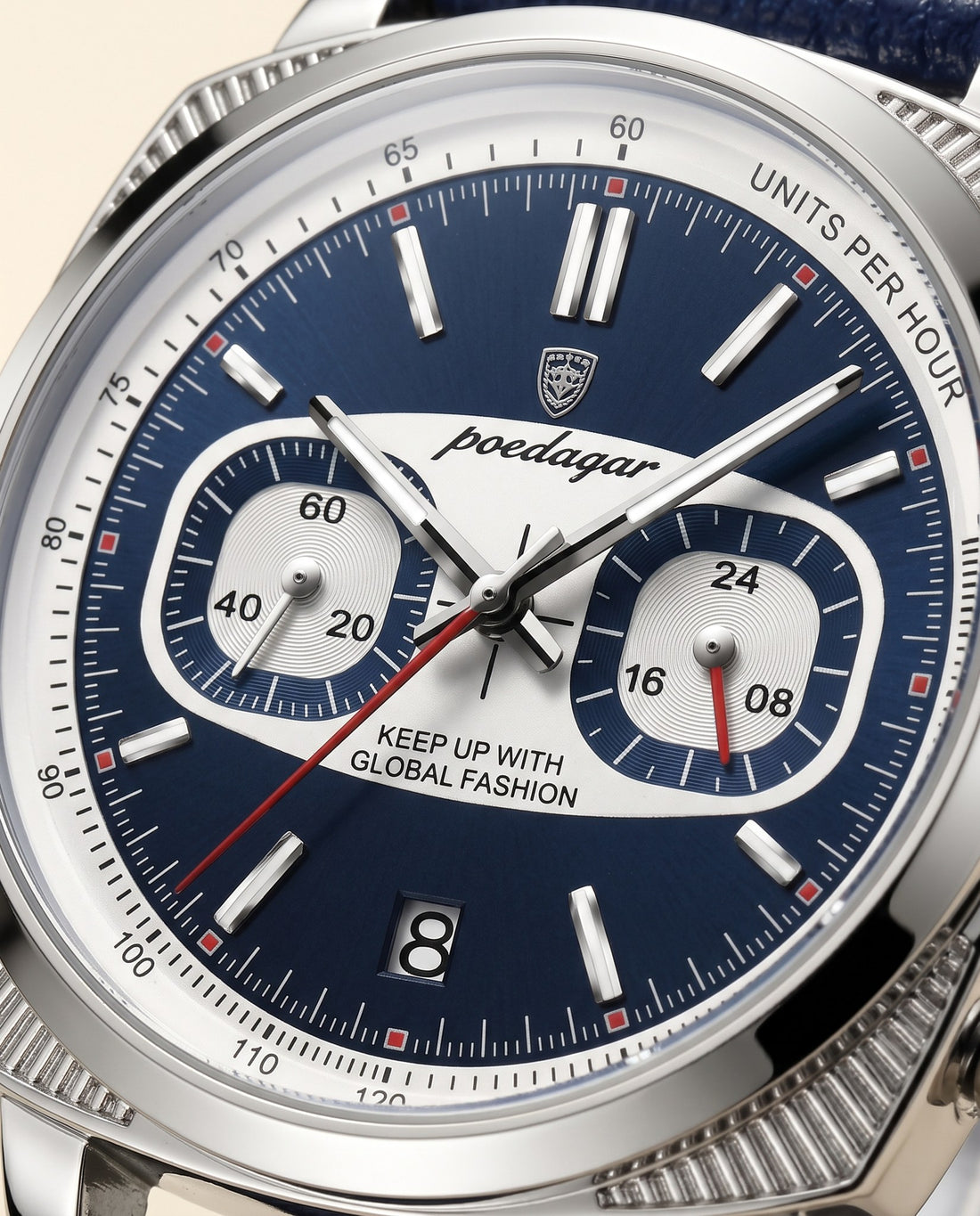 Racing Panda Chronograph Silver case, Blue dial dial close-up