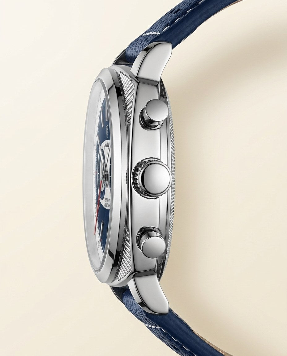 Racing Panda Chronograph Silver case, Blue dial crown side