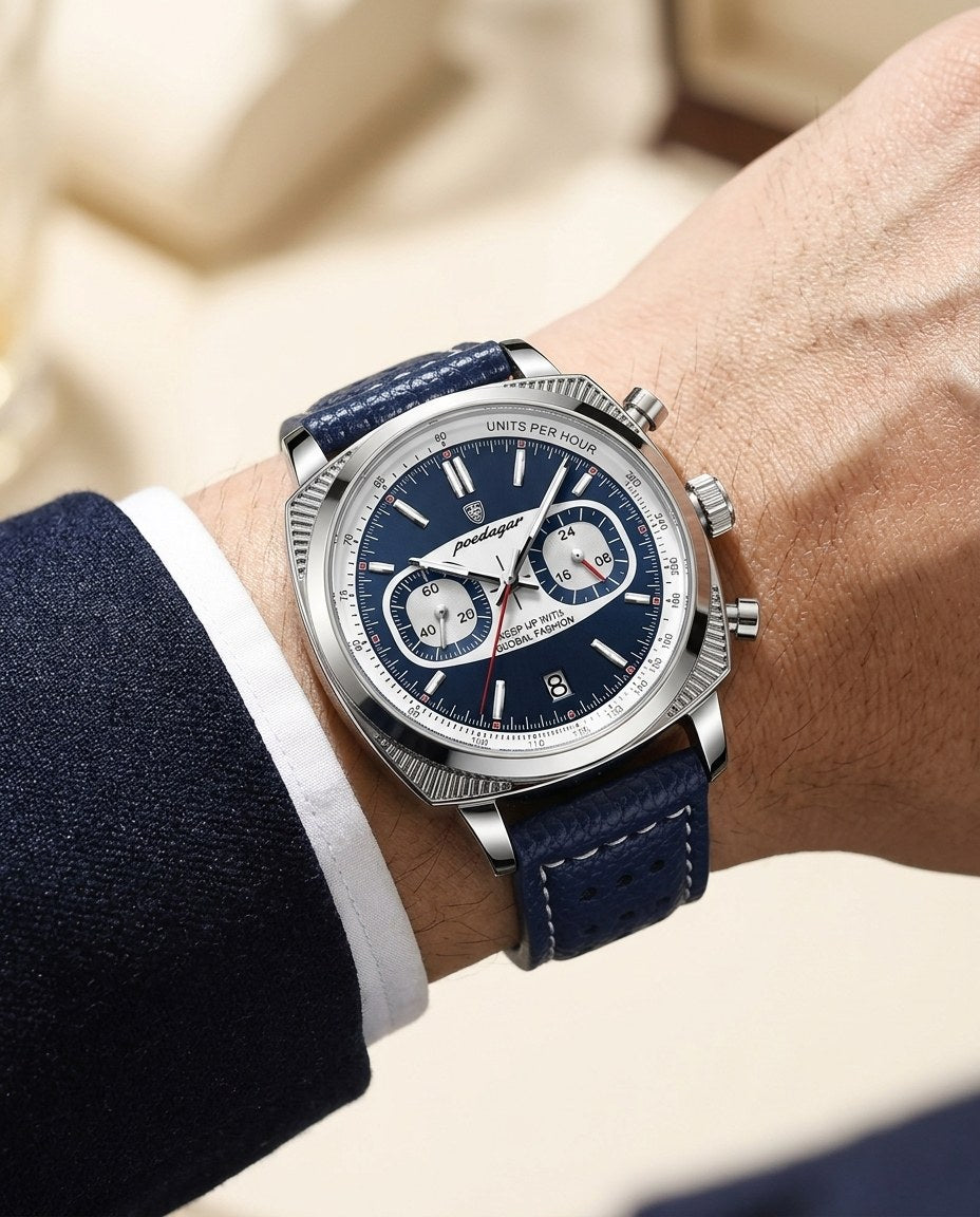Racing Panda Chronograph Silver case, Blue dial on the wrist