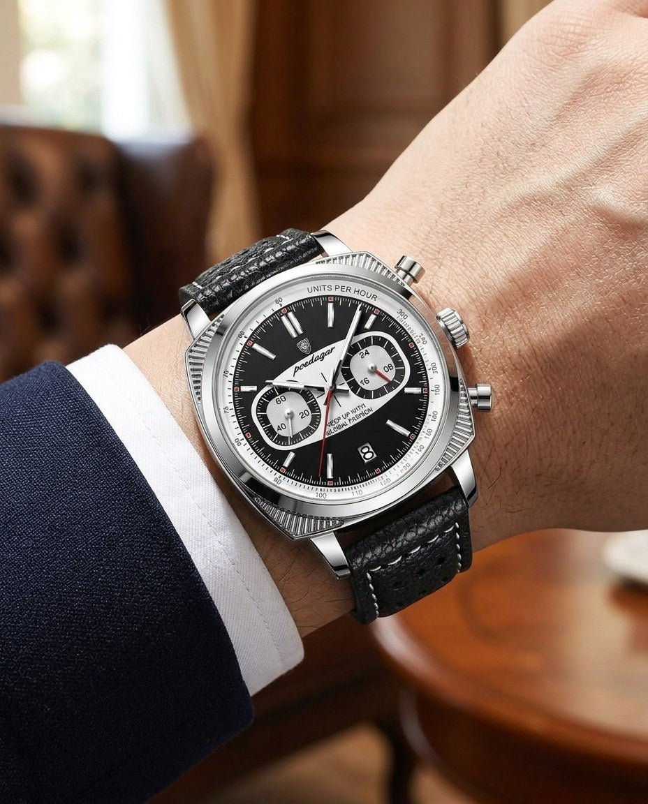 Racing Panda Chronograph Silver case, Black dial on the wrist