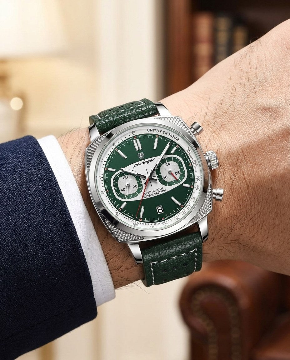Racing Panda Chronograph Silver case, Green dial on the wrist