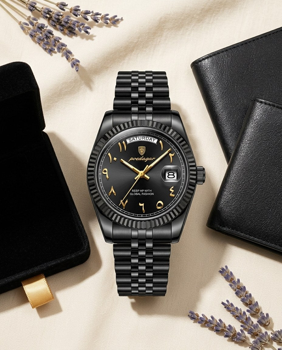 Imperial Day-Date Black case, Gold dial flat lay