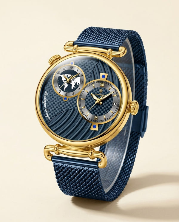 Globe Dual-Dial Mesh Gold case, Blue dial hero