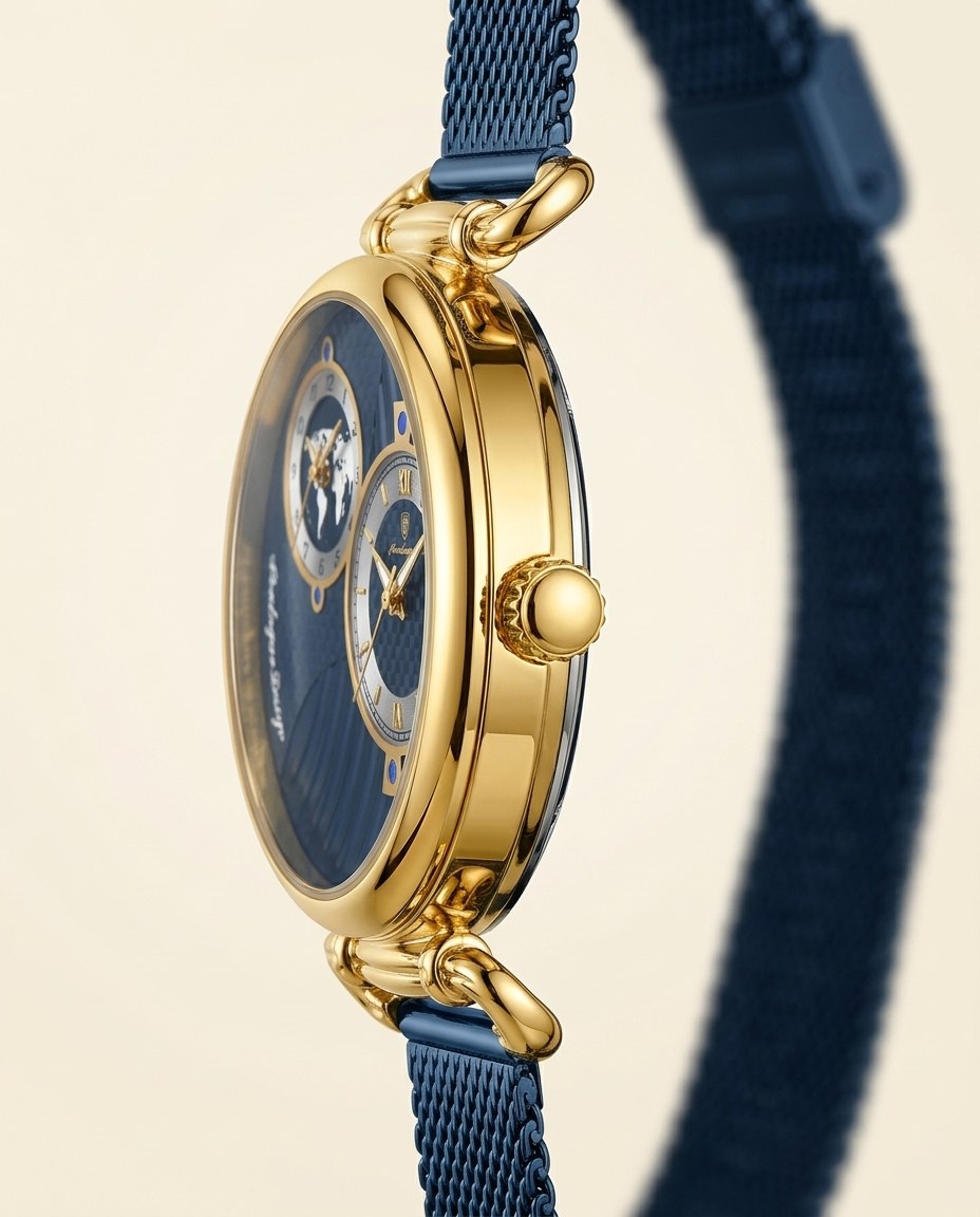 Globe Dual-Dial Mesh Gold case, Blue dial crown side