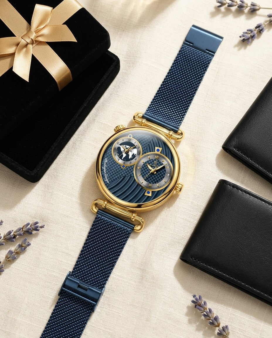 Globe Dual-Dial Mesh Gold case, Blue dial flat lay