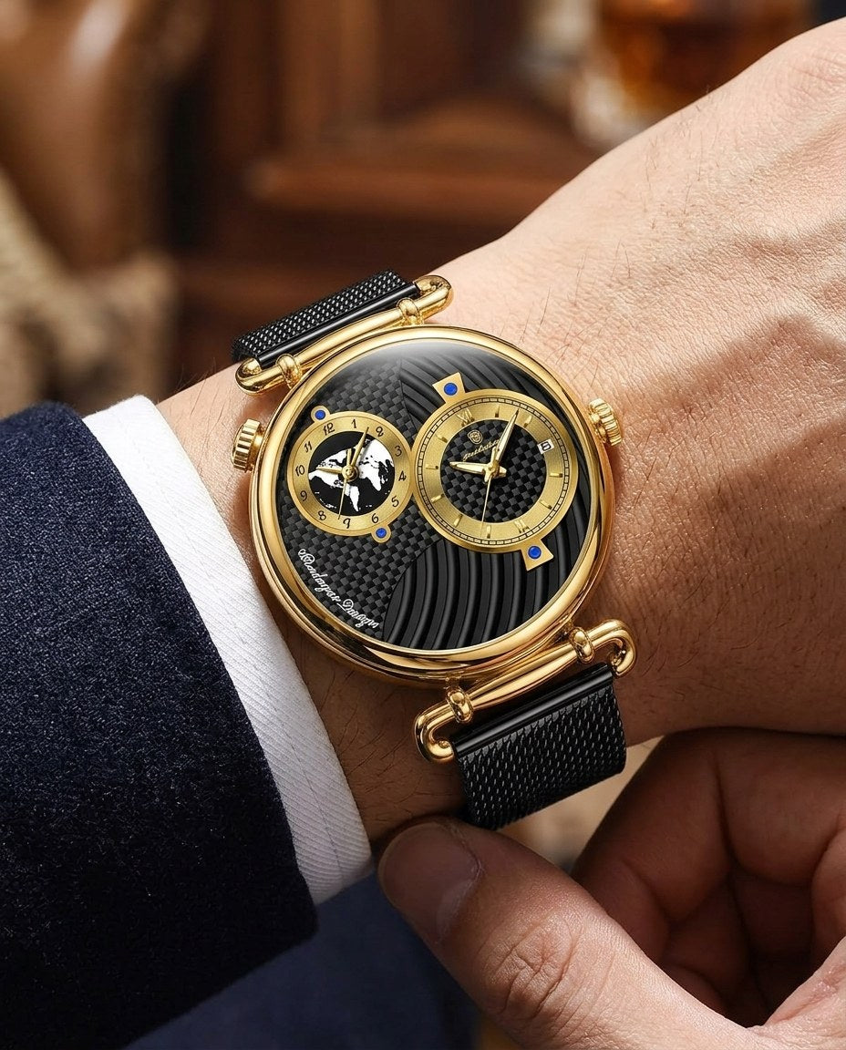 Globe Dual-Dial Mesh Gold case, Black dial on the wrist