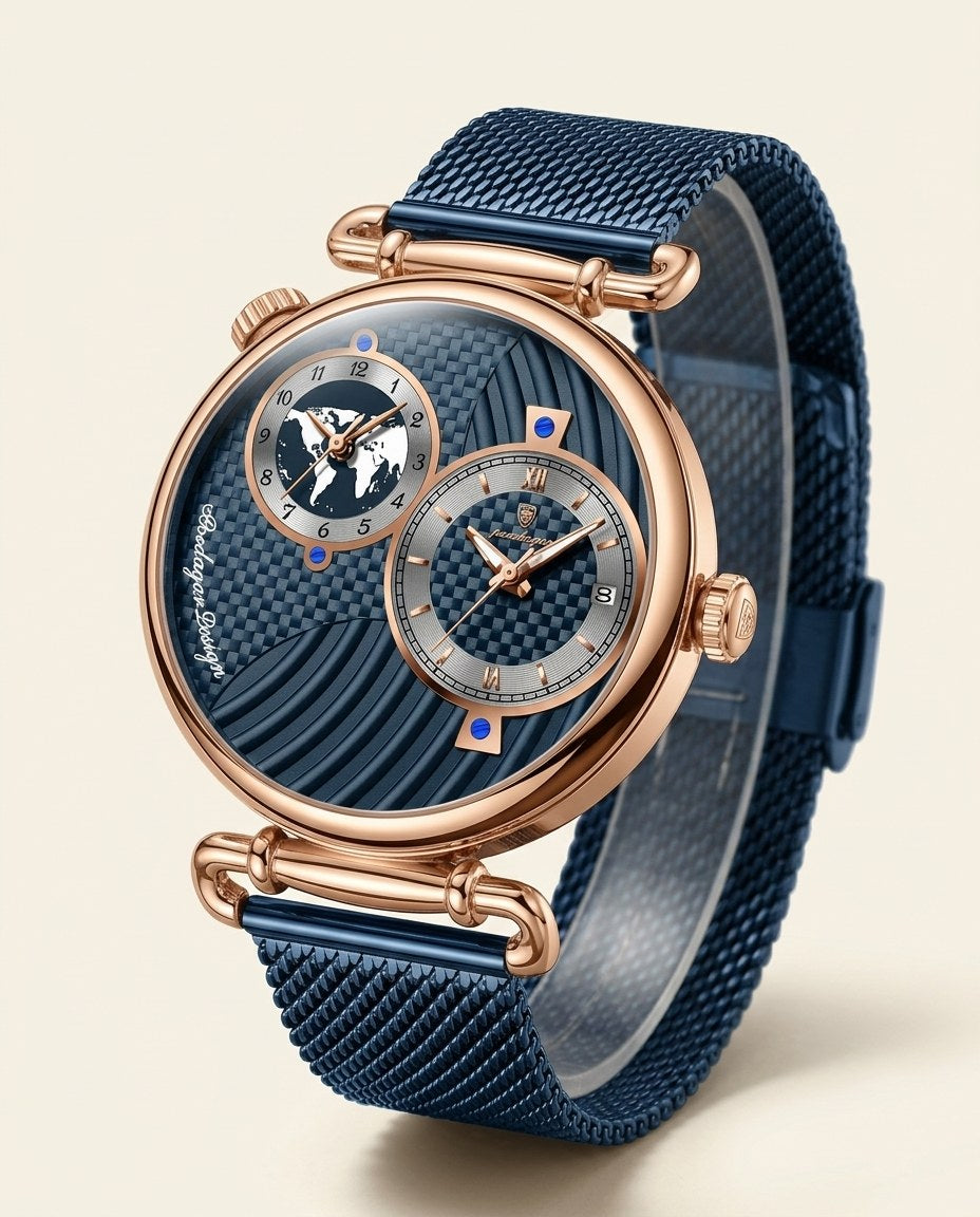 Globe Dual-Dial Mesh Rose Gold case, Blue dial