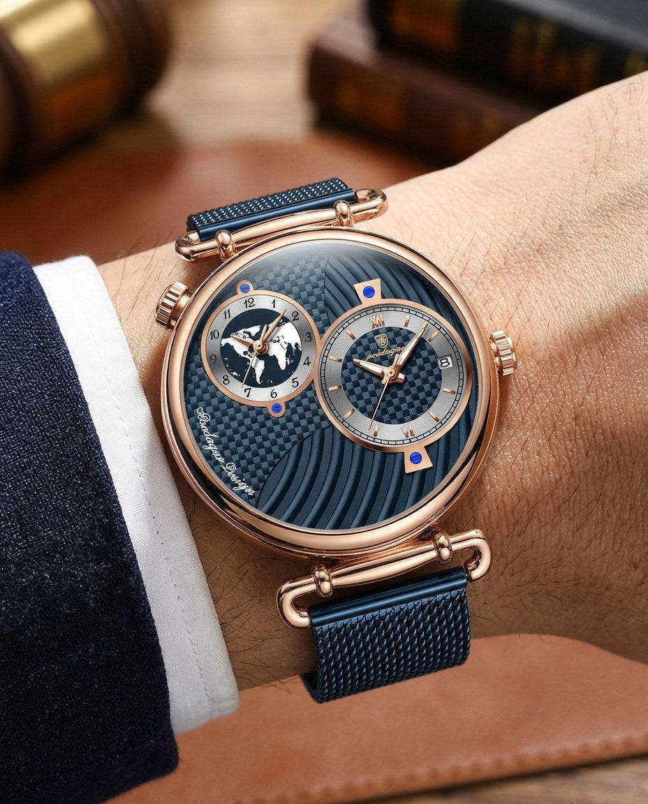 Globe Dual-Dial Mesh Rose Gold case, Blue dial on the wrist