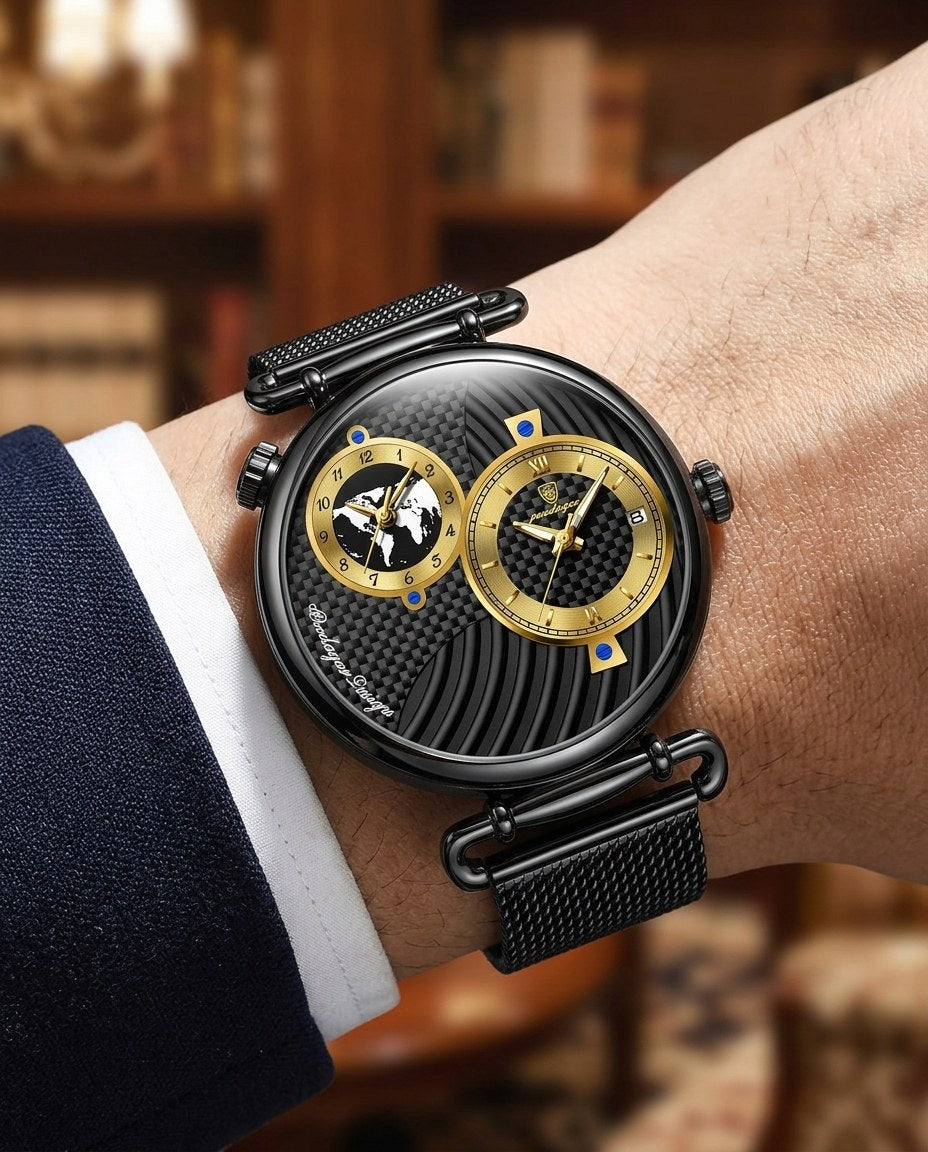 Globe Dual-Dial Mesh Black case, Black dial on the wrist