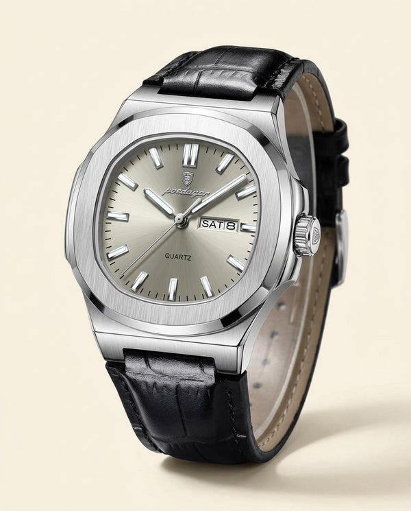 Octagon Sport Day-Date (Leather) Silver case, Grey dial hero