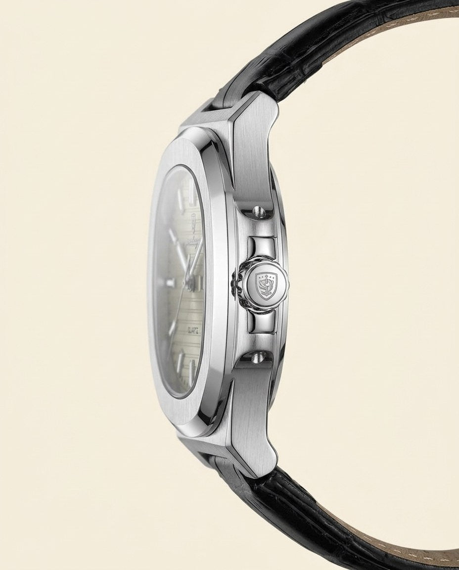 Octagon Sport Day-Date (Leather) Silver case, Grey dial crown side
