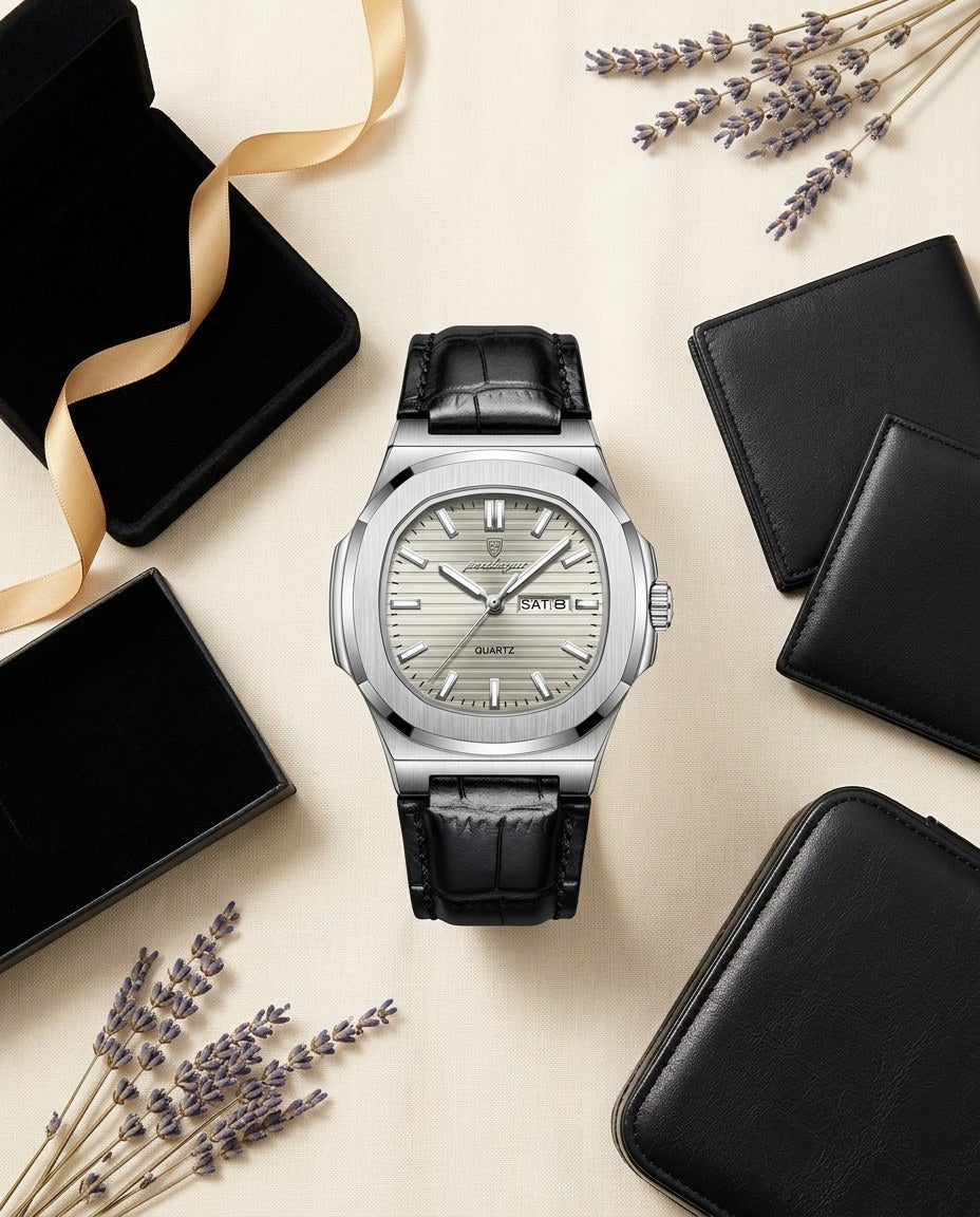 Octagon Sport Day-Date (Leather) Silver case, Grey dial flat lay