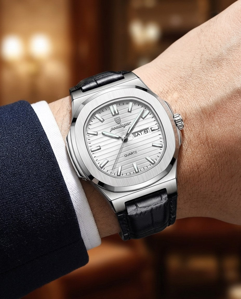 Octagon Sport Day-Date (Leather) Silver case, Black dial on the wrist