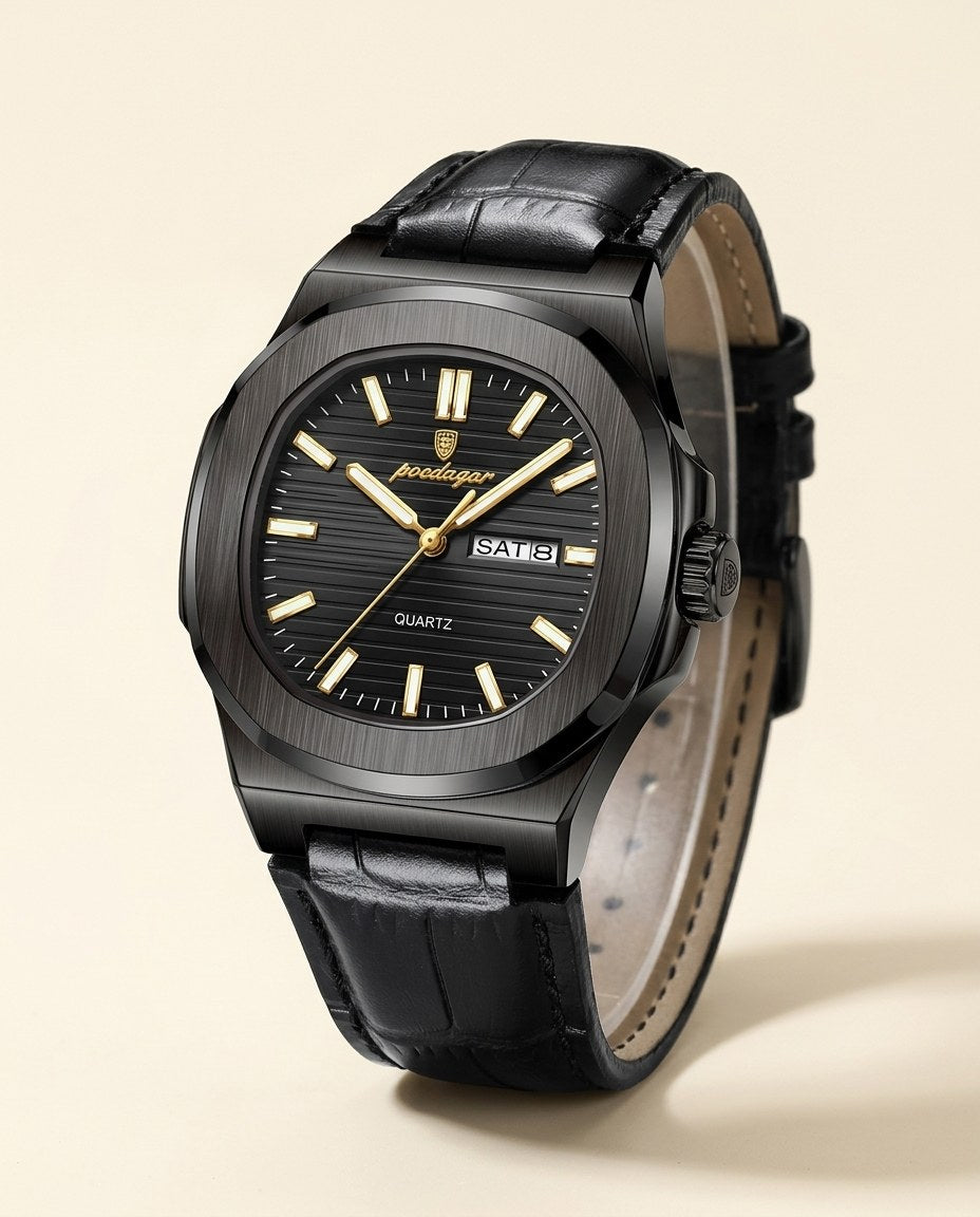 Octagon Sport Day-Date (Leather) Black case, Black dial