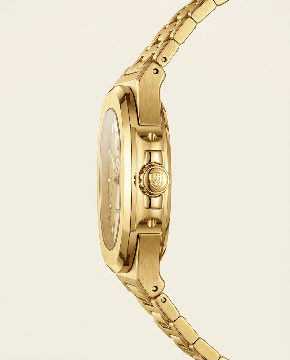 Octagon Sport Day-Date (Steel) Gold case, Gold dial crown side