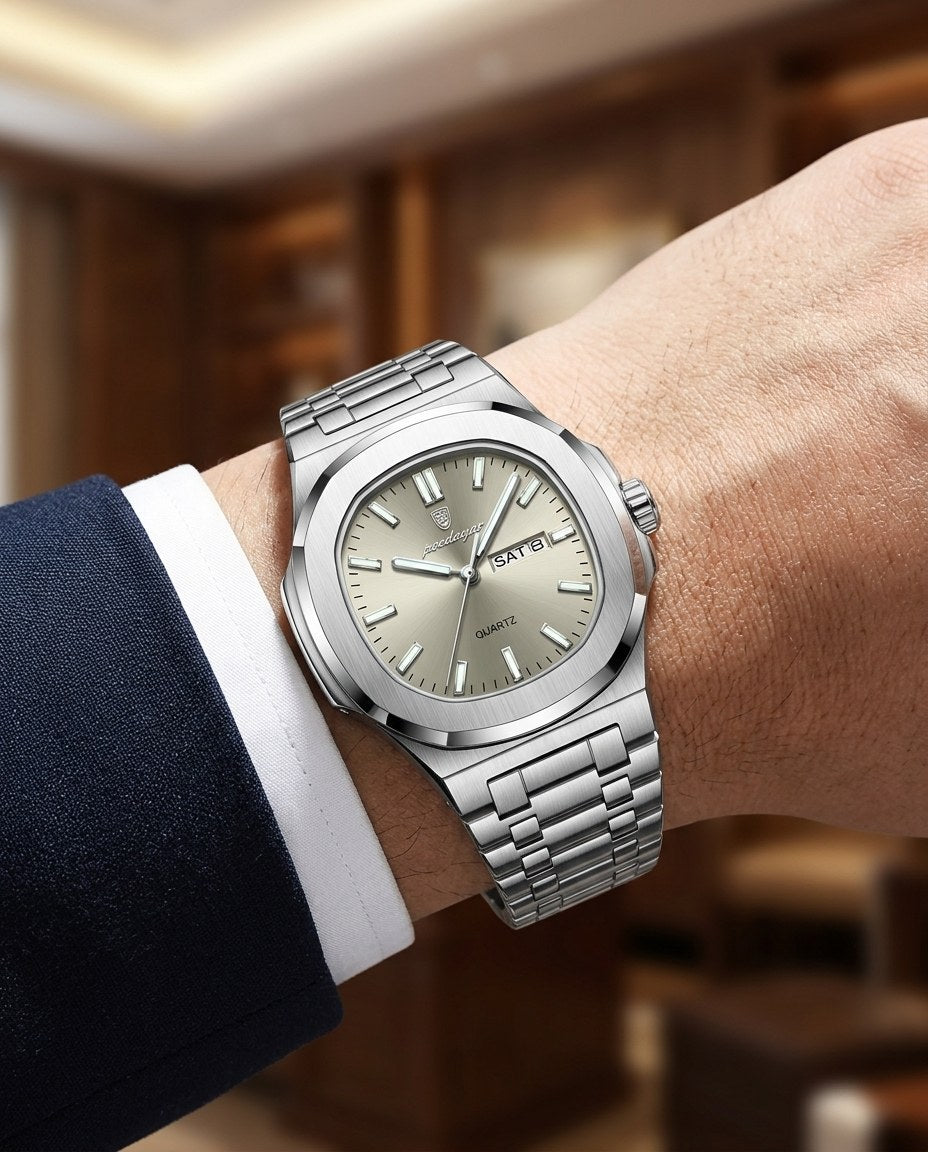 Octagon Sport Day-Date (Steel) Silver case, Olive dial on the wrist