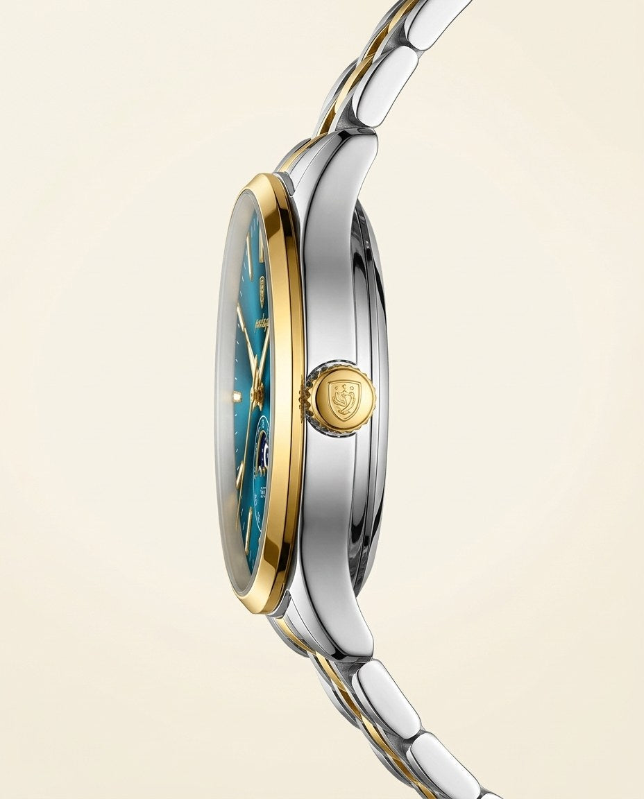 Moonphase Classic Gold case, Blue dial crown side
