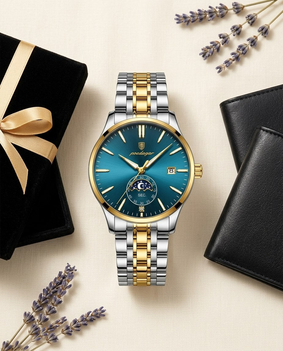 Moonphase Classic Gold case, Blue dial flat lay