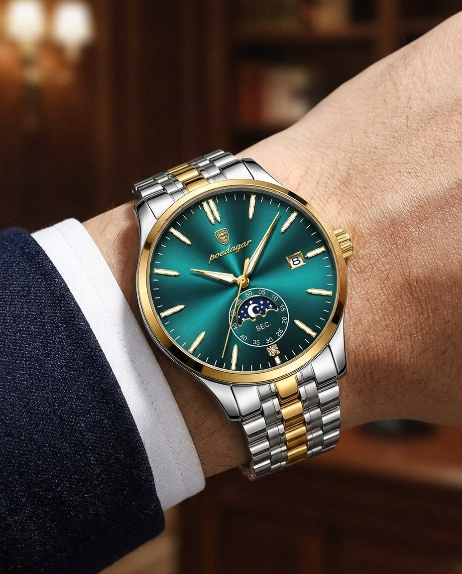 Moonphase Classic Gold case, Teal dial on the wrist
