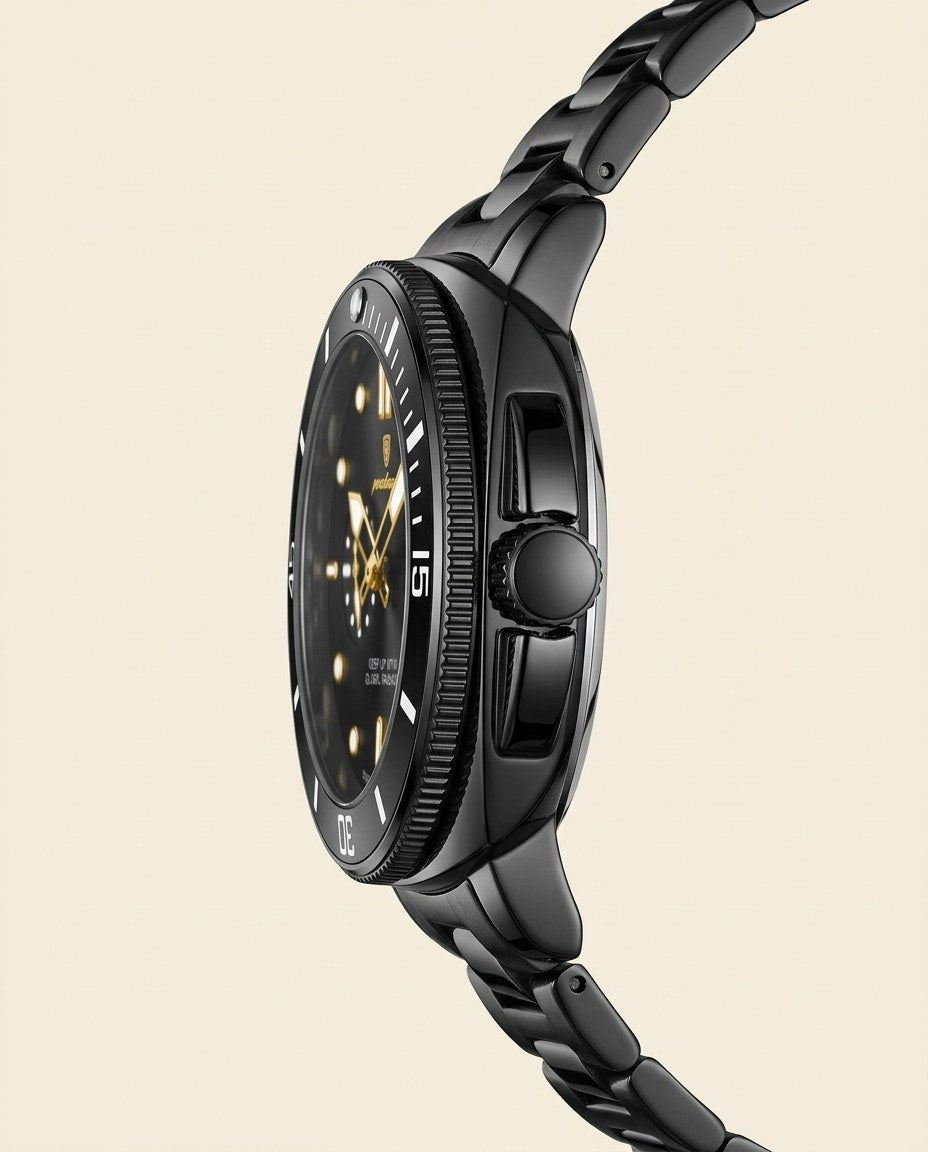 Ocean Diver Two-Tone Black case, Black dial crown side