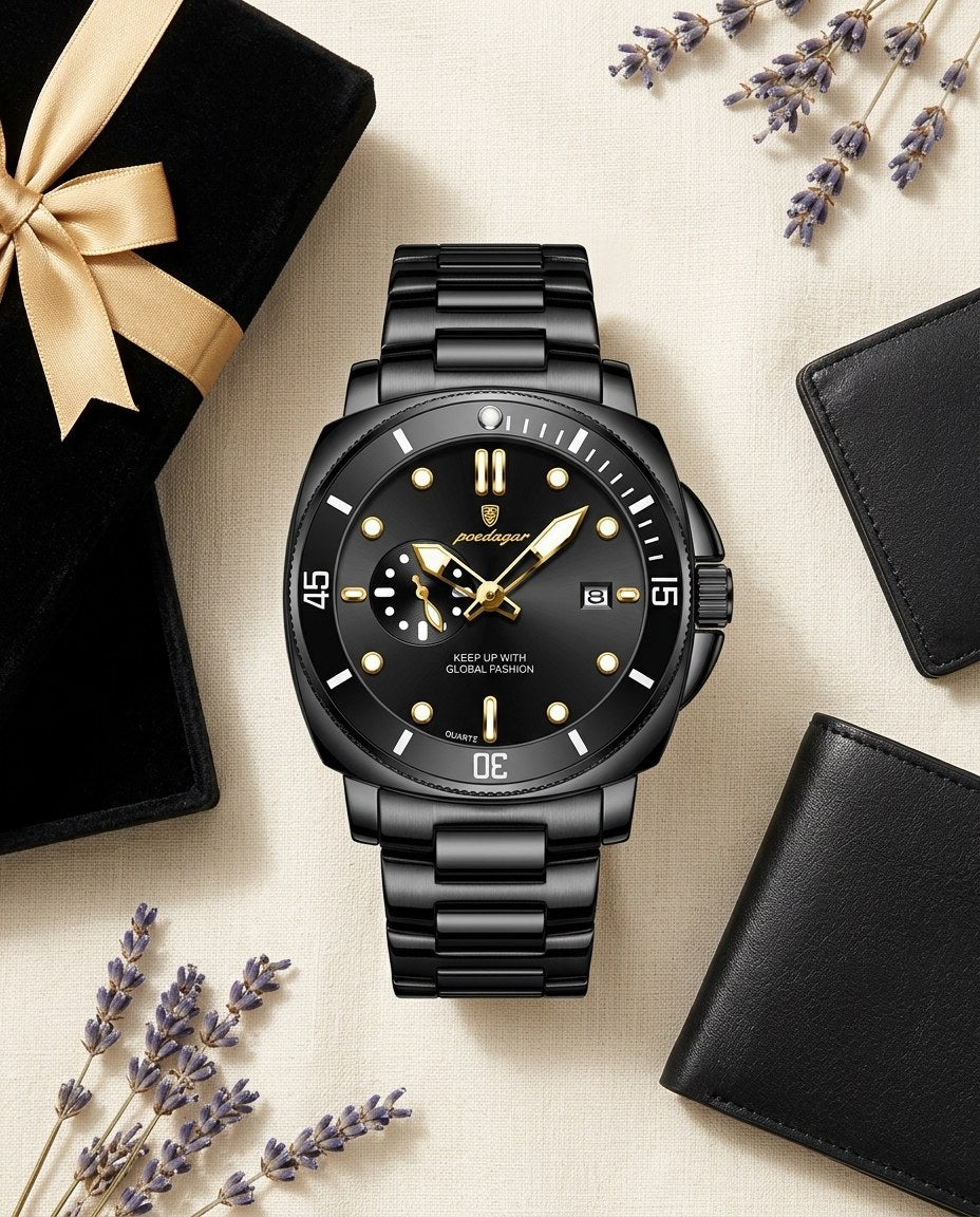 Ocean Diver Two-Tone Black case, Black dial flat lay