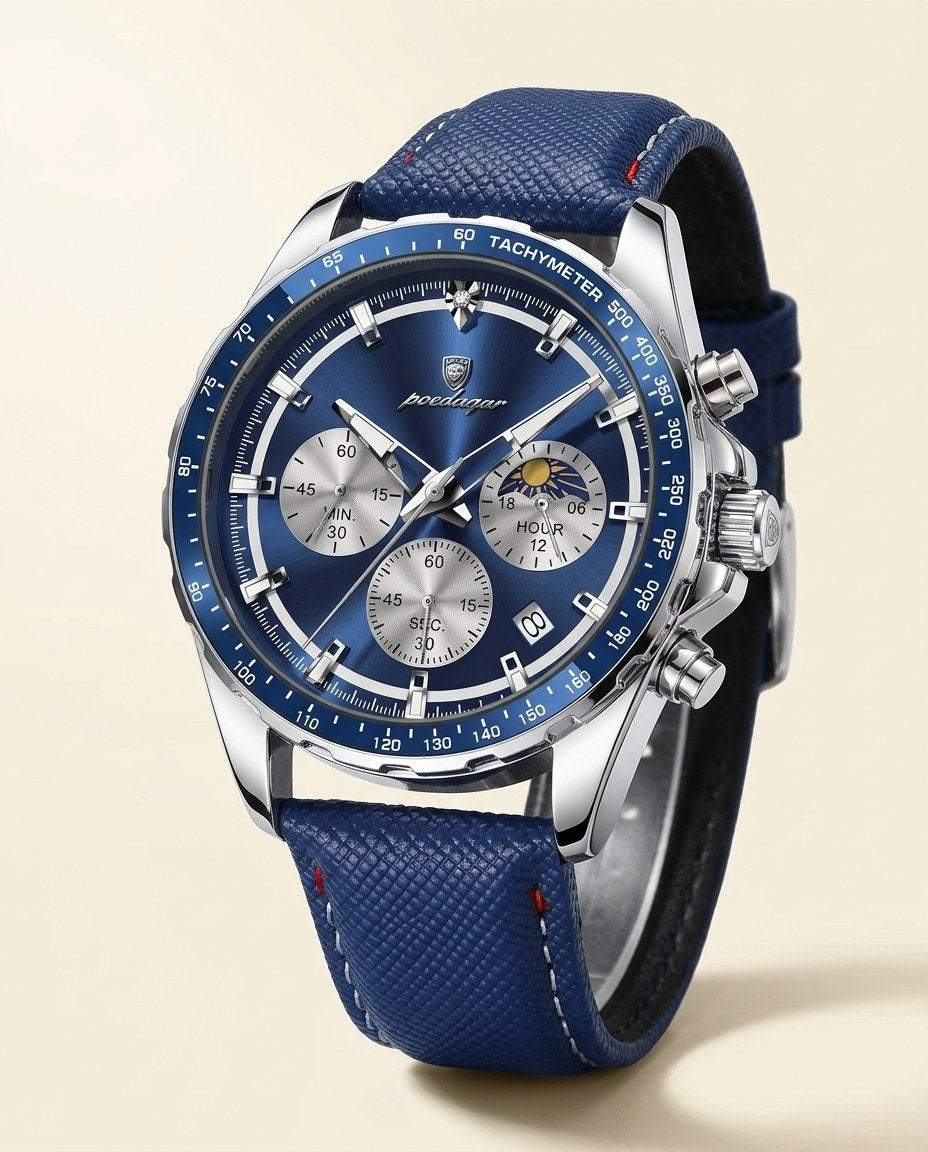 Tachymeter Moonphase Chronograph Silver case, Blue dial hero