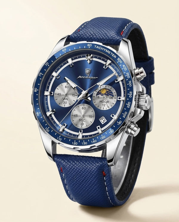 Tachymeter Moonphase Chronograph Silver case, Blue dial hero