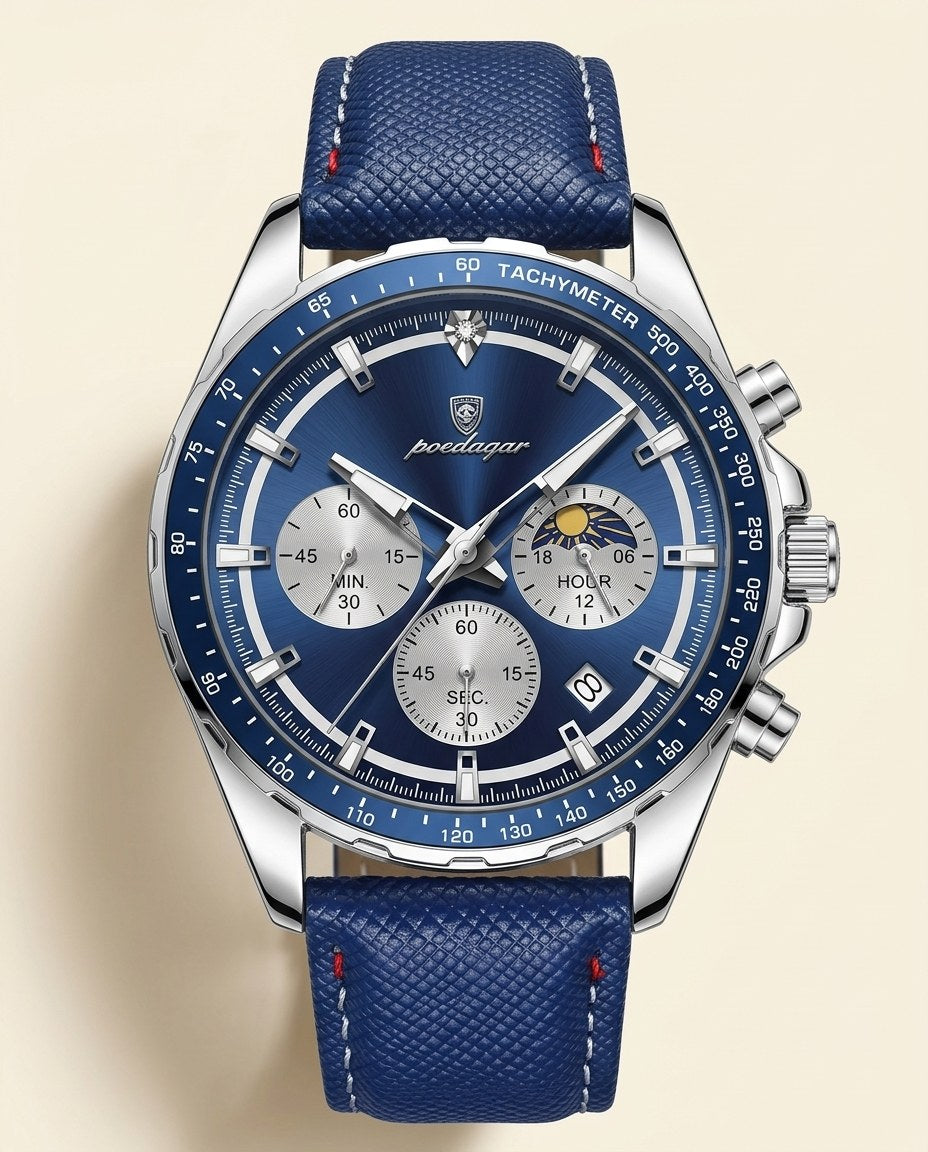 Tachymeter Moonphase Chronograph Silver case, Blue dial front